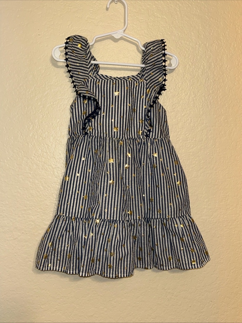 Cat & Jack Toddler Girls Dress 3T Navy Striped Gold Stars Flutter Sleeve